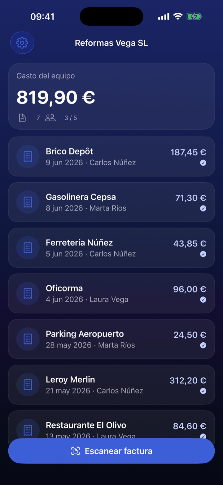Modo empresa de GastoScan: gasto del equipo y facturas de cada trabajador con su autor